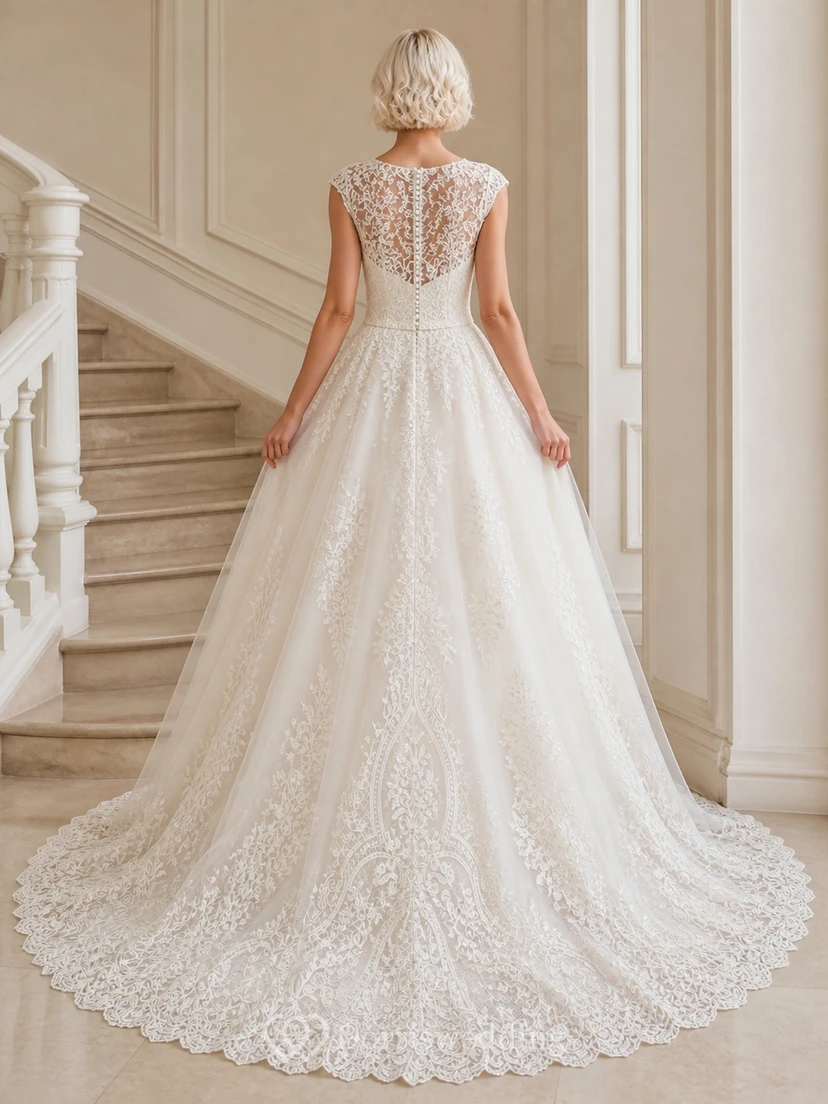 Vestido de novia de lujo estilo catedral, sin mangas, con escote barco y medallón de encaje. view 2