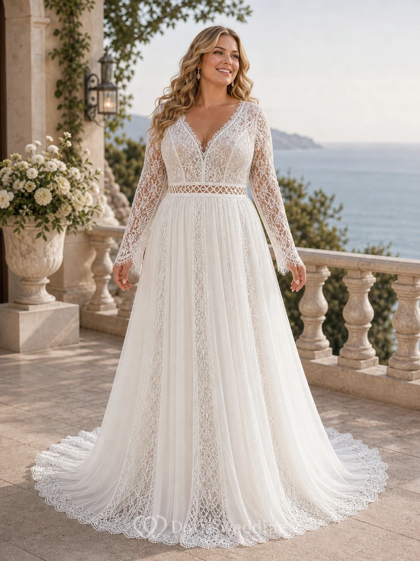 Vestido de novia sencillo de manga larga y modesto | Vestido de novia bohemio de encaje para ceremonia civil view 7