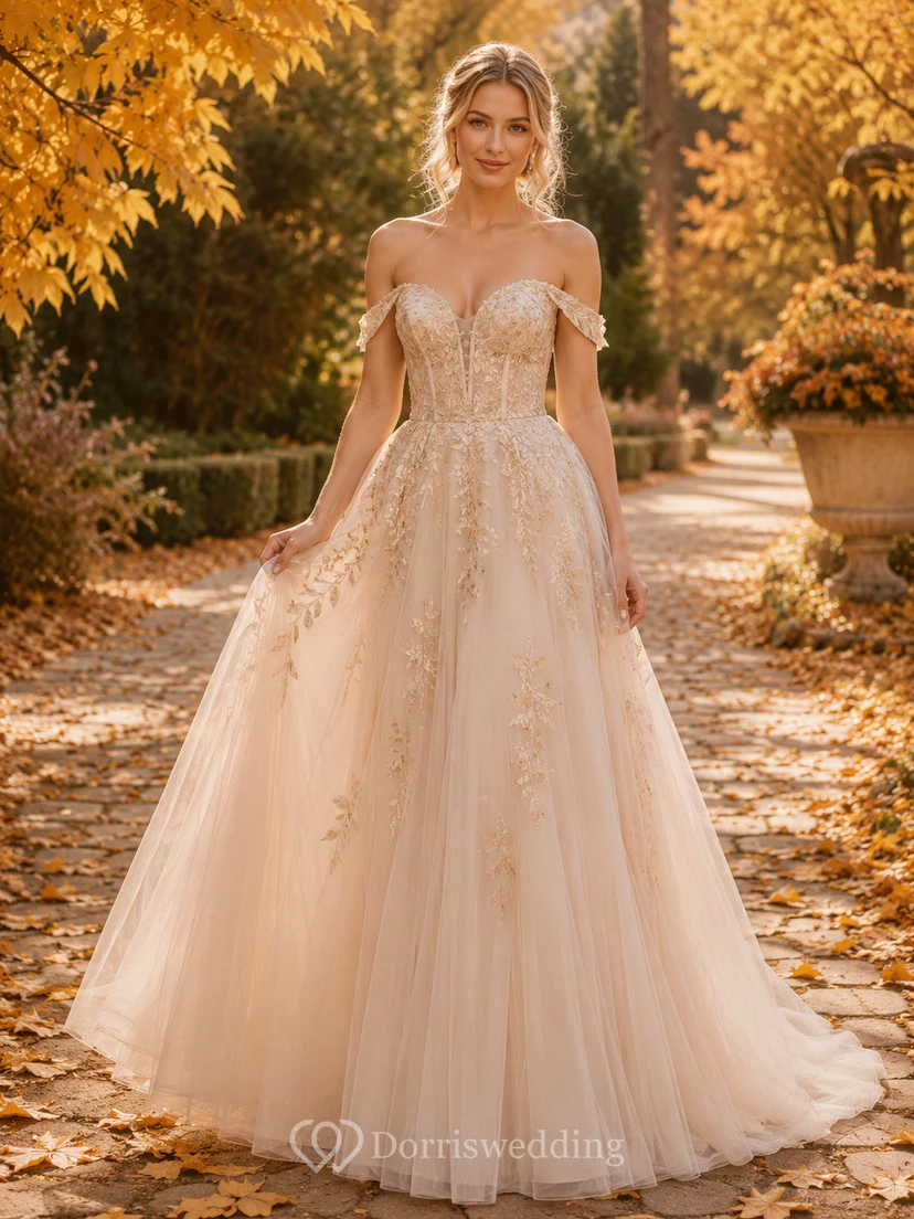 Champagne Autumn Off Shoulder Embroidered Tulle A-Line Wedding Dress