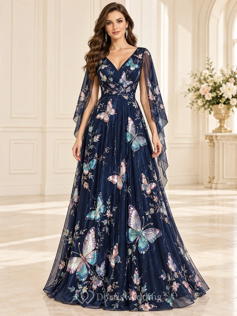 Abendkleid mit V-Ausschnitt, dunkelblauem Schmetterlings- und Blumenmuster