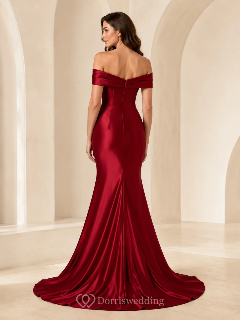Red Off Shoulder Satin Mermaid Slit Formal Dress view 2