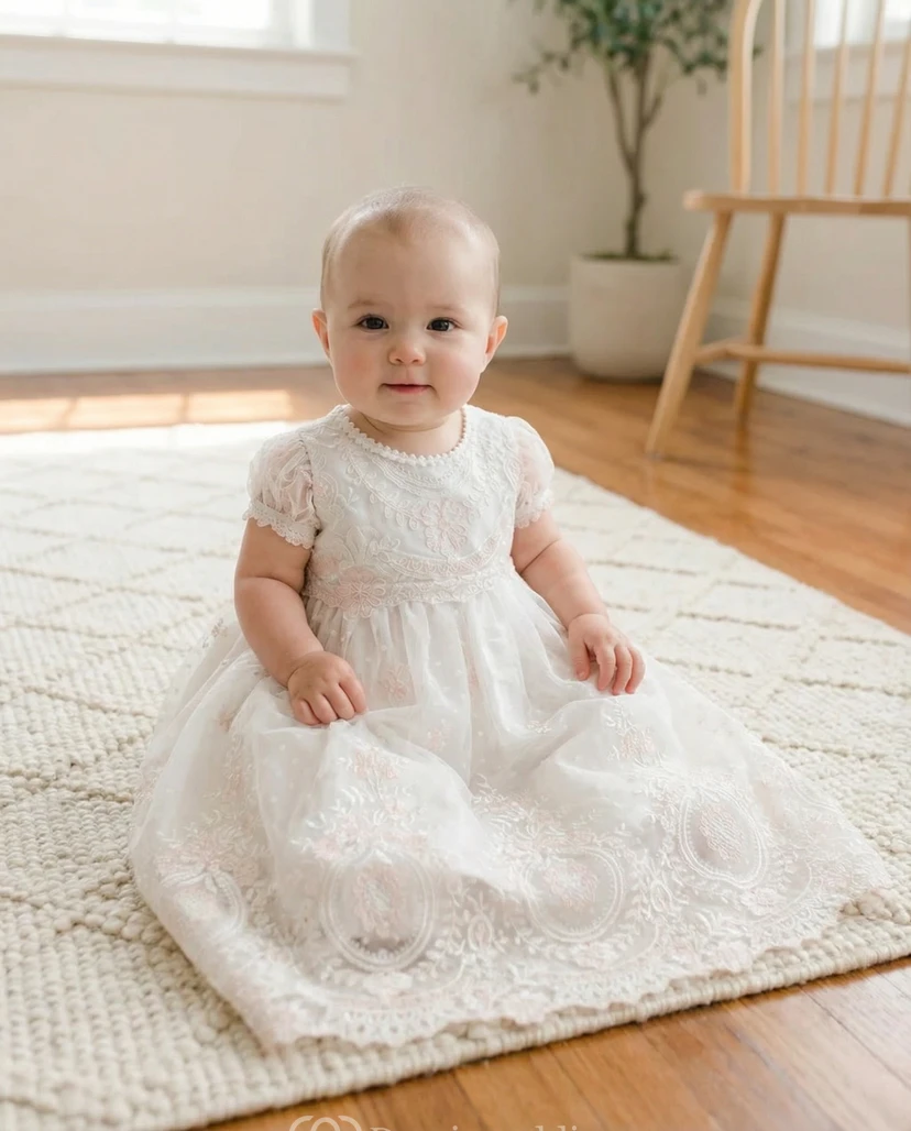 Christening Flower Girl Dress White Lace Baby Gown with Matching Bonnet view 2