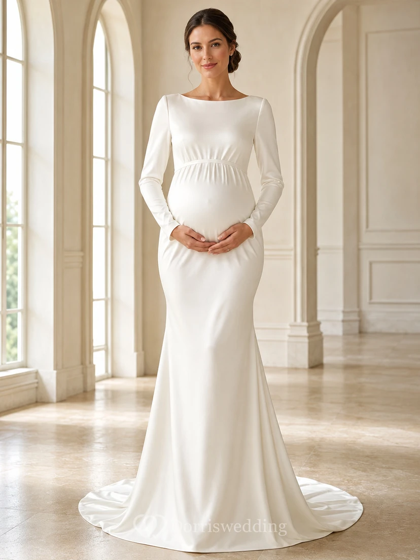 Maternity Minimalist Bateau Long Sleeve Satin Sheath Sweep Train Modest Wedding Dress
