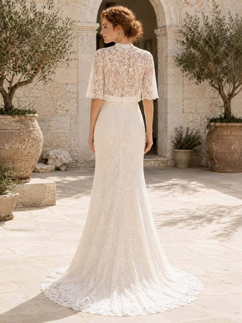 High Mermaid Long Sleeve Neck Refined Wedding Dress Lace view 2