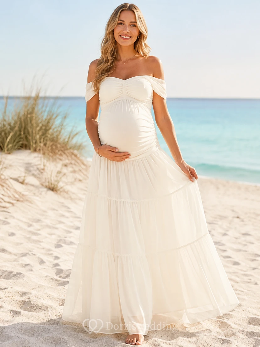 Weißes Umstands-Strandkleid aus Tüll in A-Linie mit schulterfreiem Schnitt und Stufenrock, bodenlang