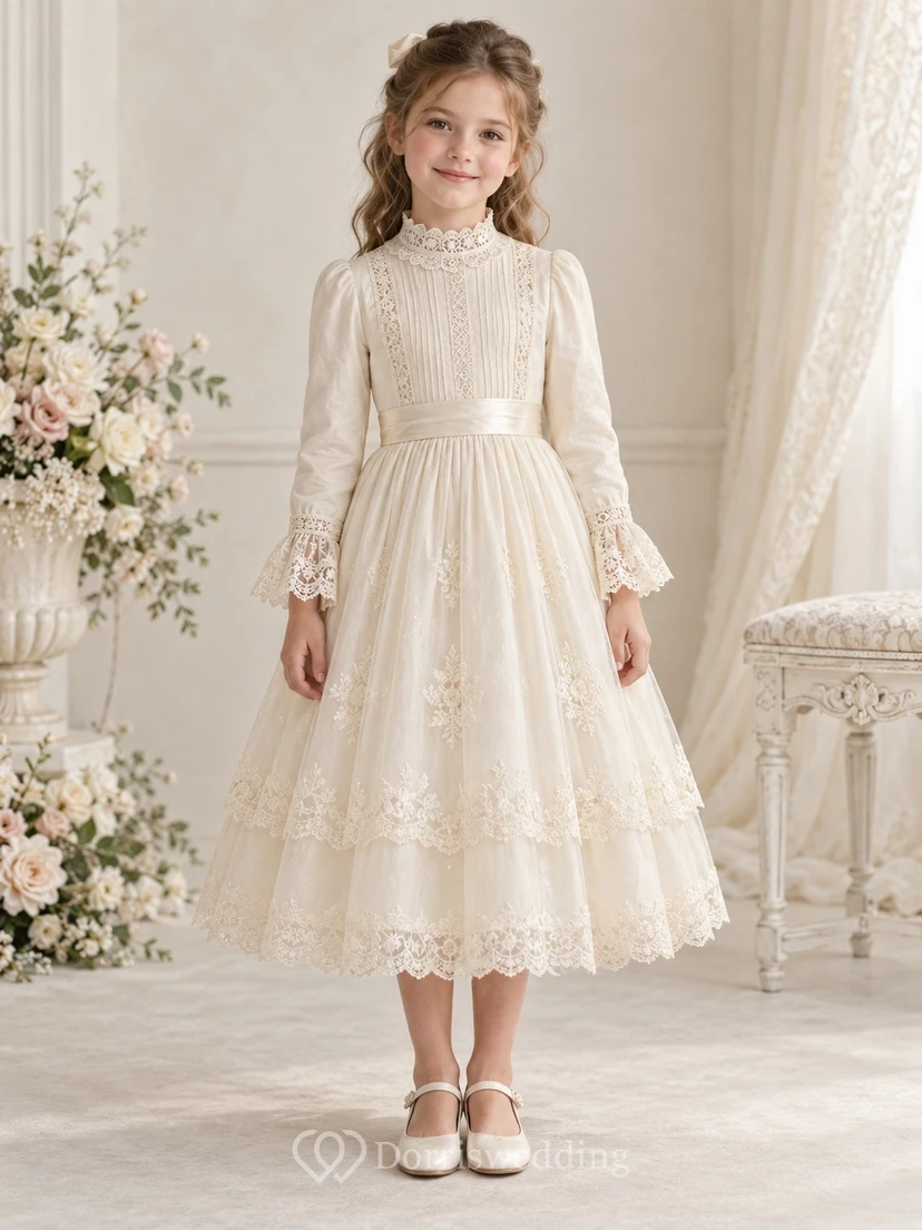 Teelanges, hochgeschlossenes, langärmeliges, elfenbeinfarbenes A-Linien-Kleid mit Spitze, Abnähern und Lagenlook für Blumenmädchen