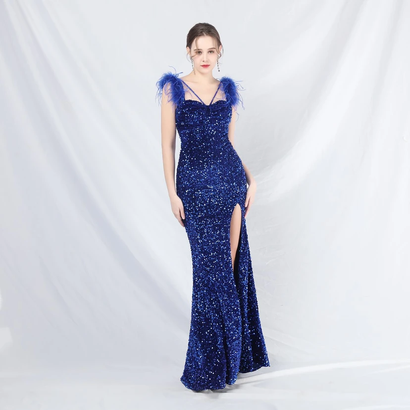 Craft Beaded Ostrich Feather Plush Sequined Long Evening Dress view 20