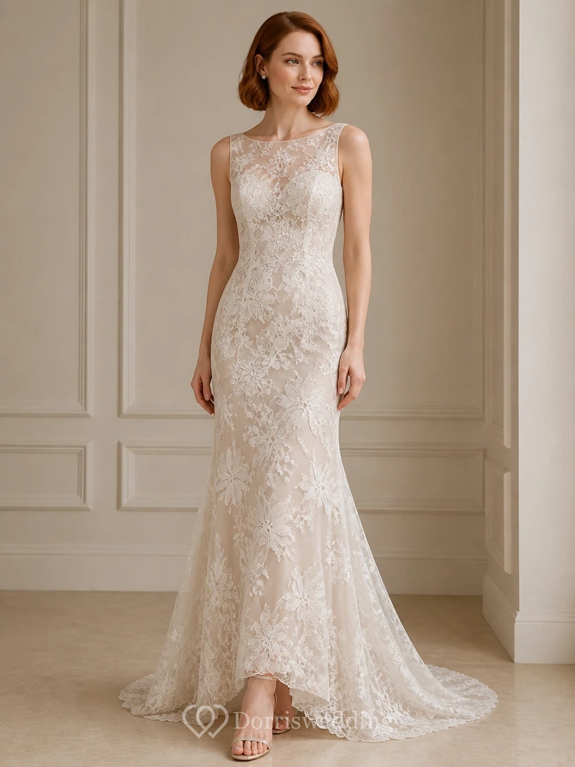 Vestido de novia sin mangas con escote en V, encaje y cola de capilla, estilo sirena.