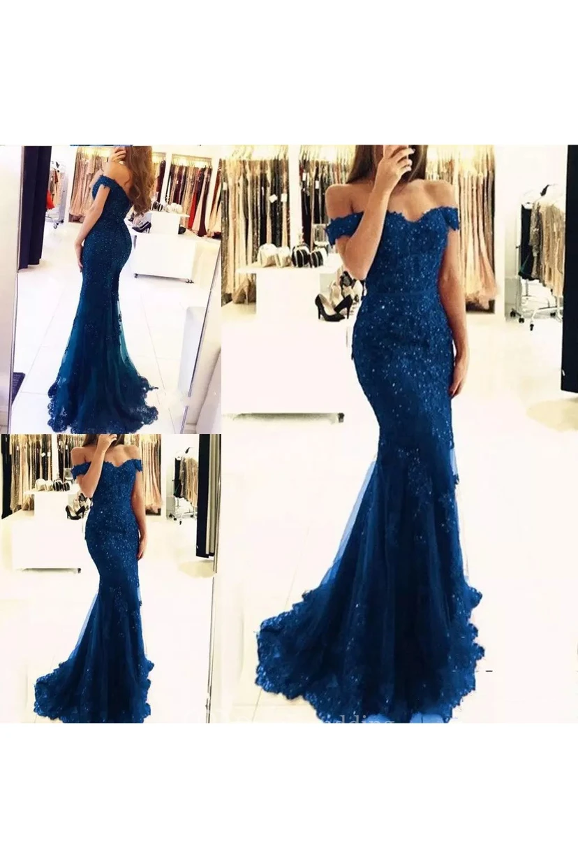 Off-the-shoulder Cap Short Sleeve Sweep/Brush Train Lace Tulle Trumpet Dress view 3