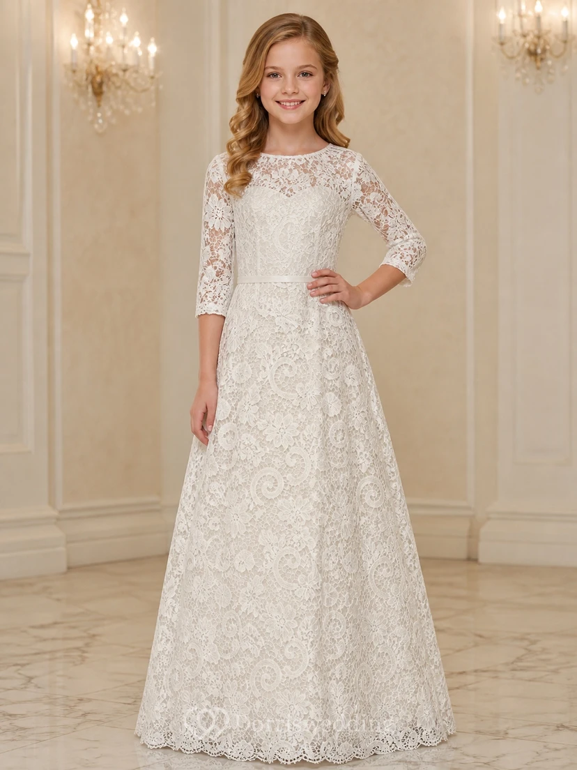 Vestido de encaje floral de corte A, largo hasta el suelo, con mangas tres cuartos, ideal para damas de honor jóvenes.