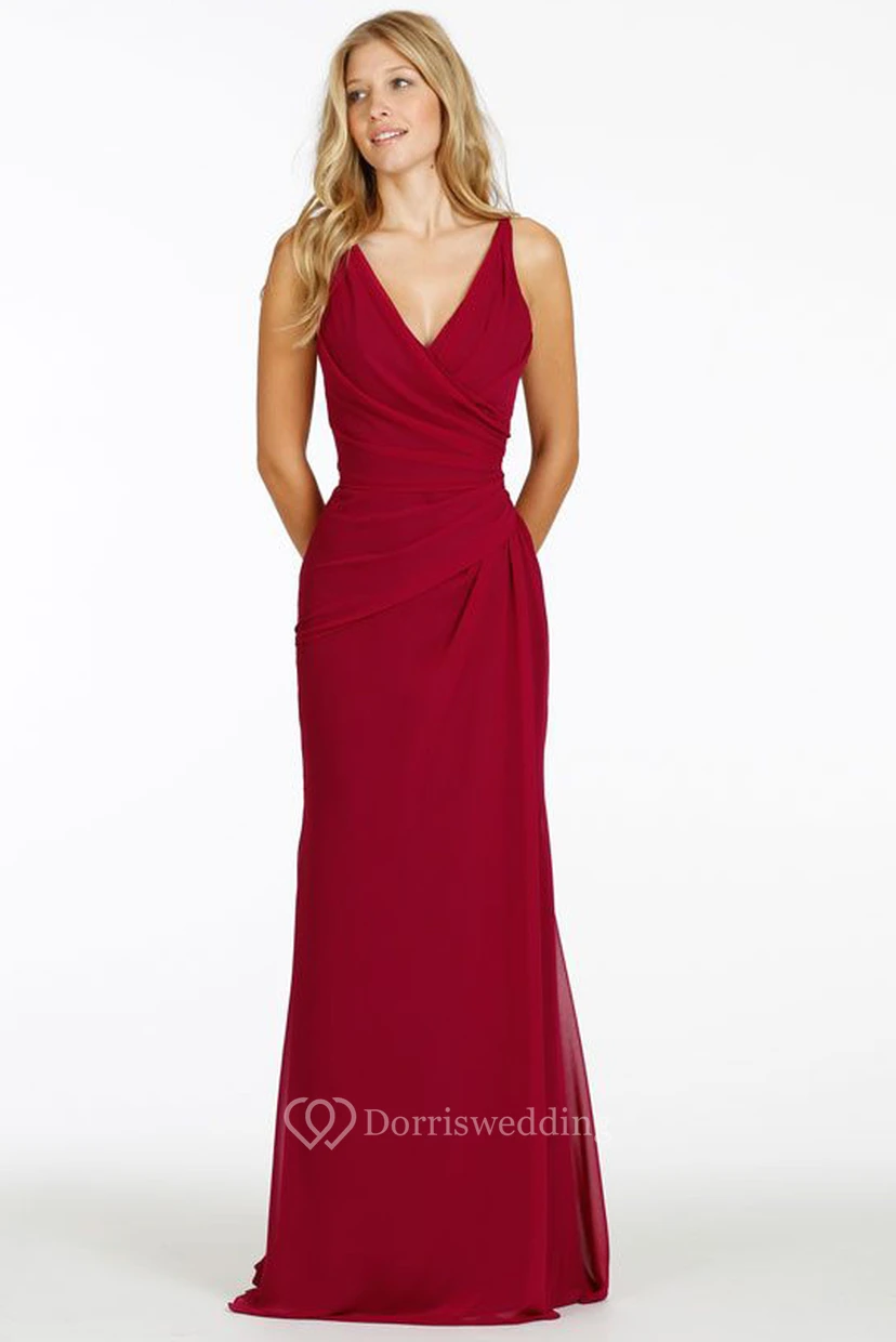 Sheath Maxi Sleeveless Side-Draped V-Neck Chiffon Bridesmaid Dress With Straps view 3