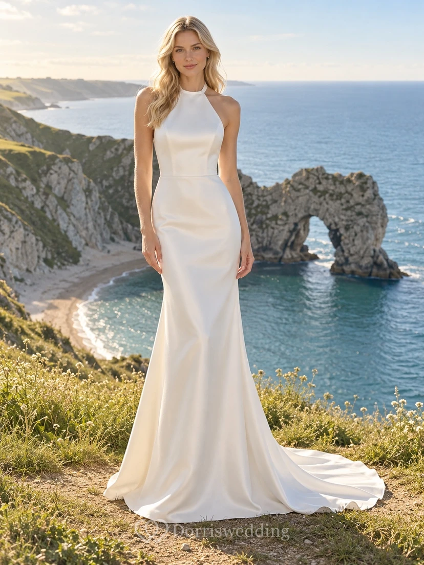 Vestido de novia moderno y minimalista para la playa, estilo sirena, cuello halter, sin mangas, de satén, con cola larga y espalda descubierta.