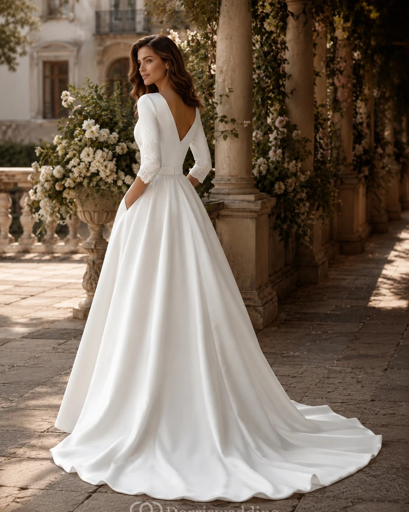 Robe de mariée élégante en satin à manches longues et décolleté plongeant, coupe trapèze view 4