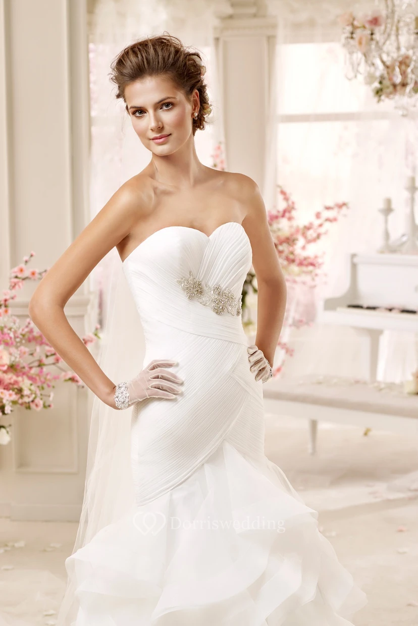 Sweetheart Sheath Pleated Wedding Dress with Cascading Ruffles and Lace-up Back view 3