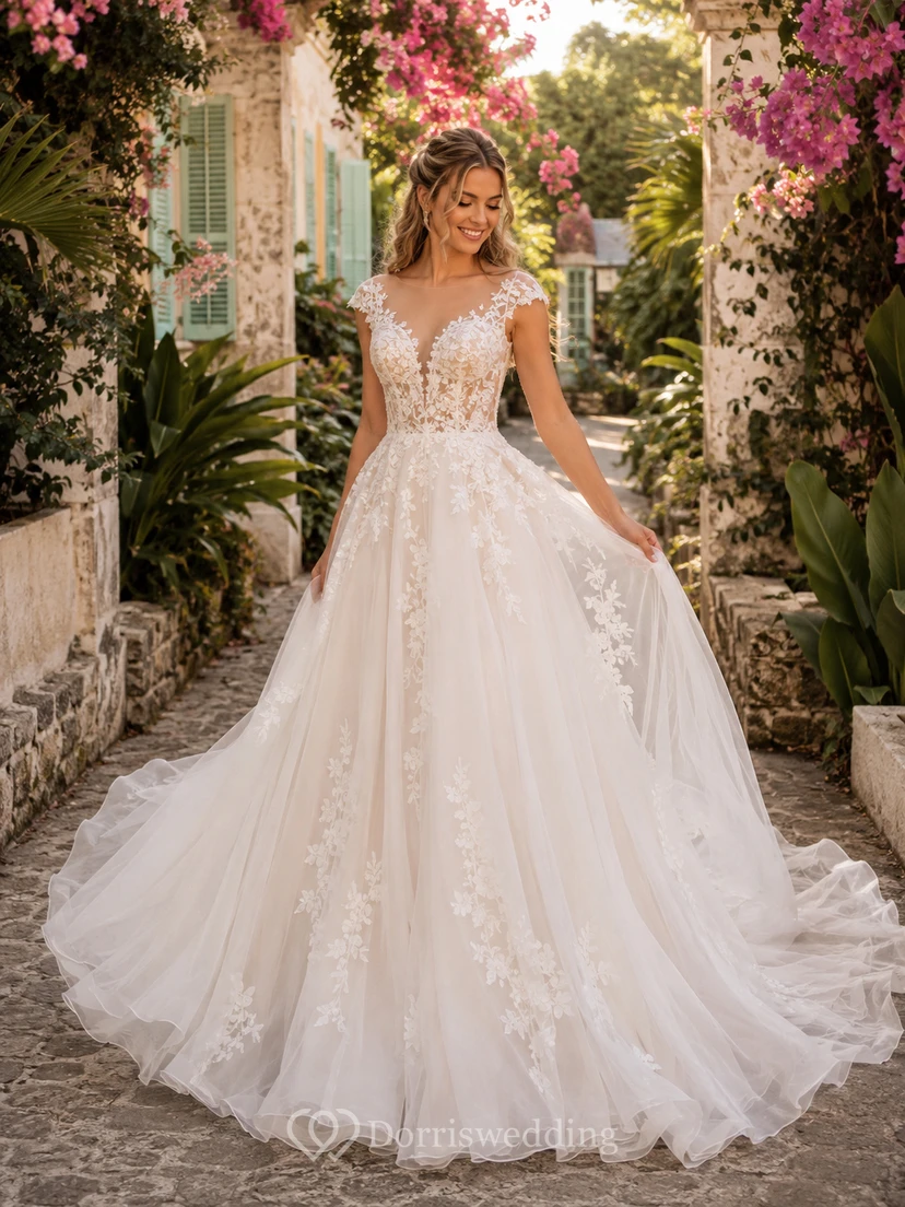Robe de mariée champêtre en tulle et dentelle florale à manches courtes, coupe trapèze, traîne chapelle, manches courtes