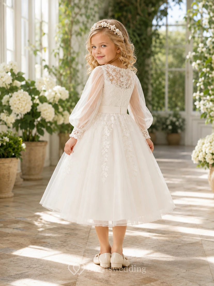 Lace Bishop Sleeve Tea-Length A-Line Flower Girl Garden Wedding Tulle Dress view 2