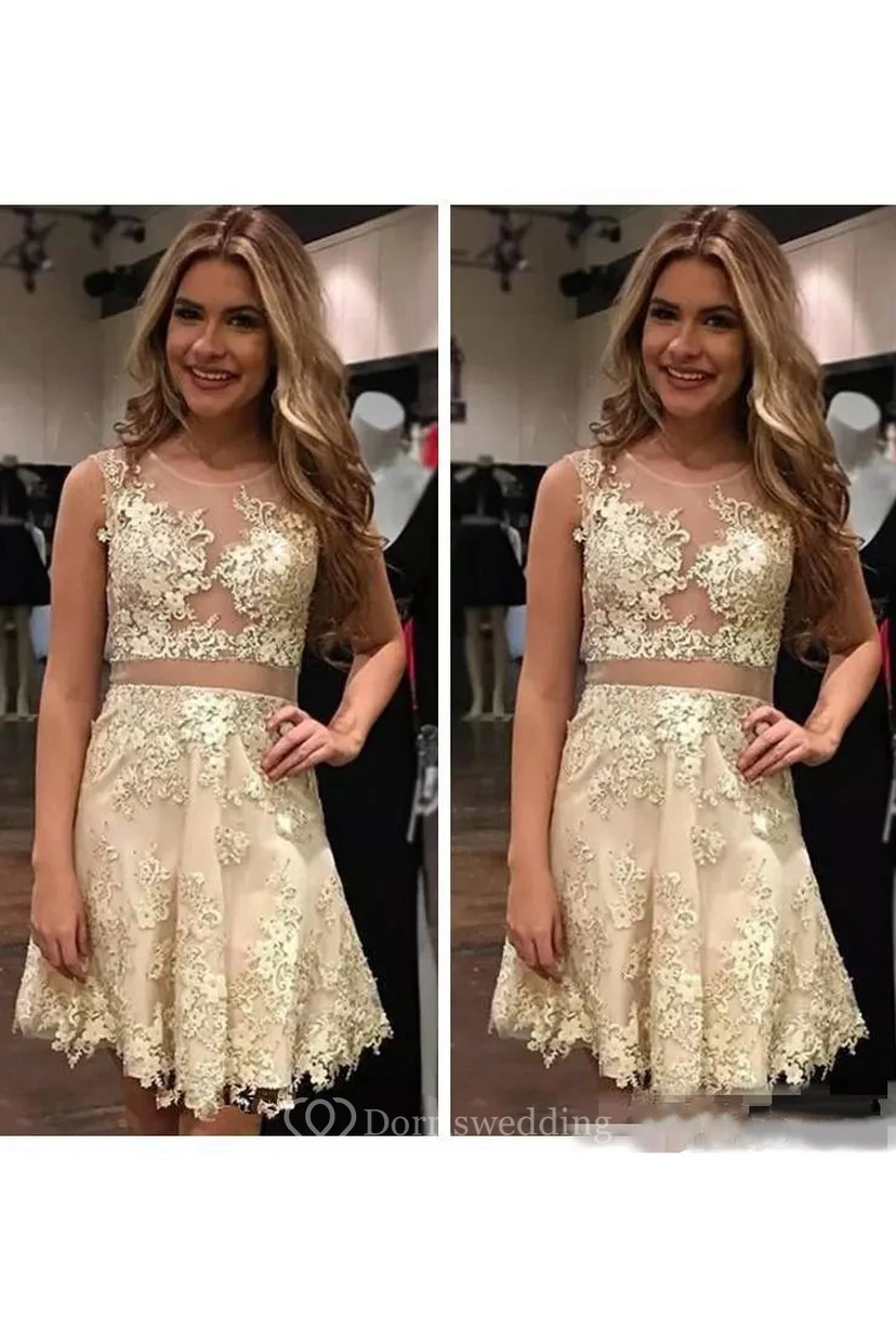 A-line Sleeveless Lace Bateau Short Mini Homecoming Dress