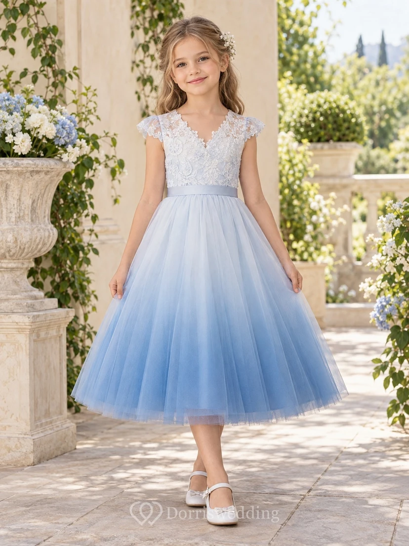 Sky Blue V-neck Cap Sleeve Floral Lace Tea-length A-Line Ombre Tulle Satin Waist Flowergirl Dress