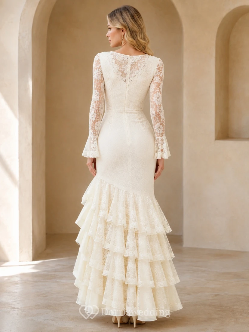 Vintage Ivory V-Neck Long Bell Sleeve Lace Mermaid Tiered Floor-Length Flamenco Dress view 2