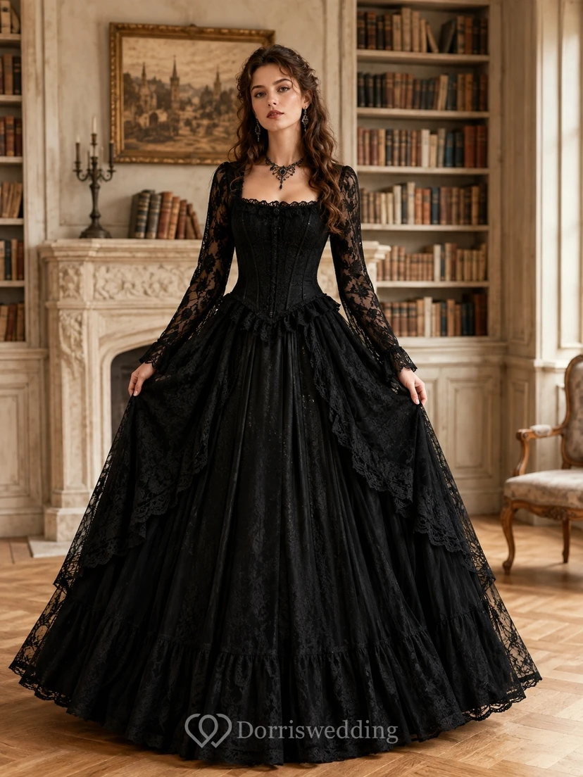 Gothic Black Lace Ball Gown Floor-Length Scoop Neck Long Sleeve Evening Dress