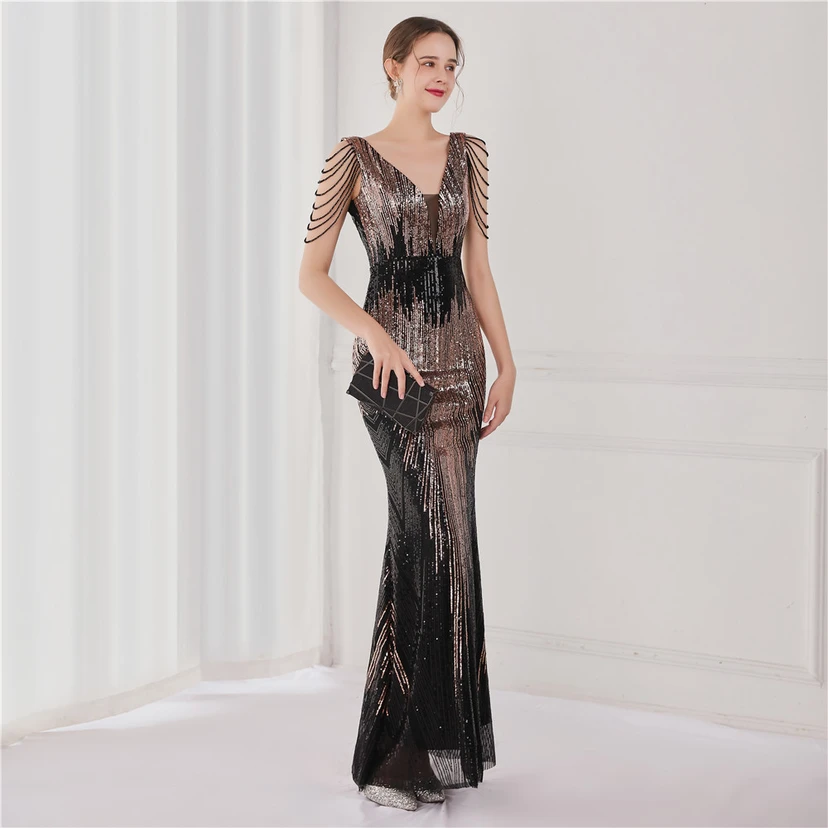 Vestido largo de lentejuelas con cola de pez, ideal para eventos, banquetes, eventos de celebridades y eventos de moda. Vestido de noche con etiqueta para modelos de automóviles. view 14