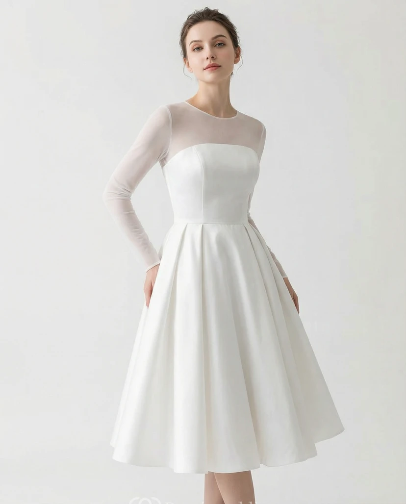 Brautkleid aus Taft mit langen Ärmeln und Illusionsausschnitt