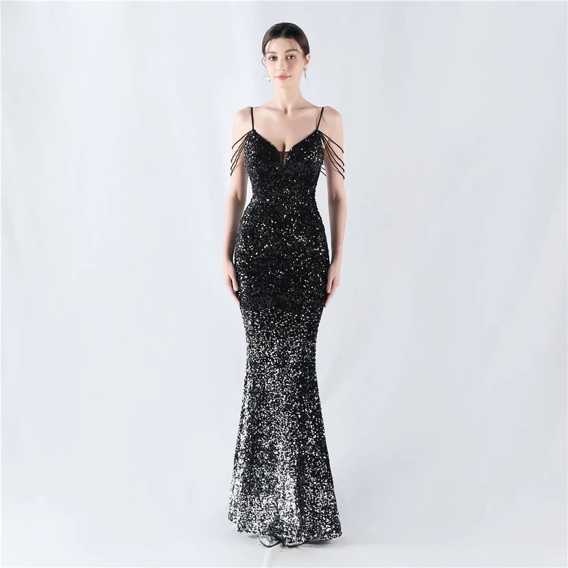 Velvet-Bottom Gradient Sequined Sexy Beaded Suspender Evening Dress view 30