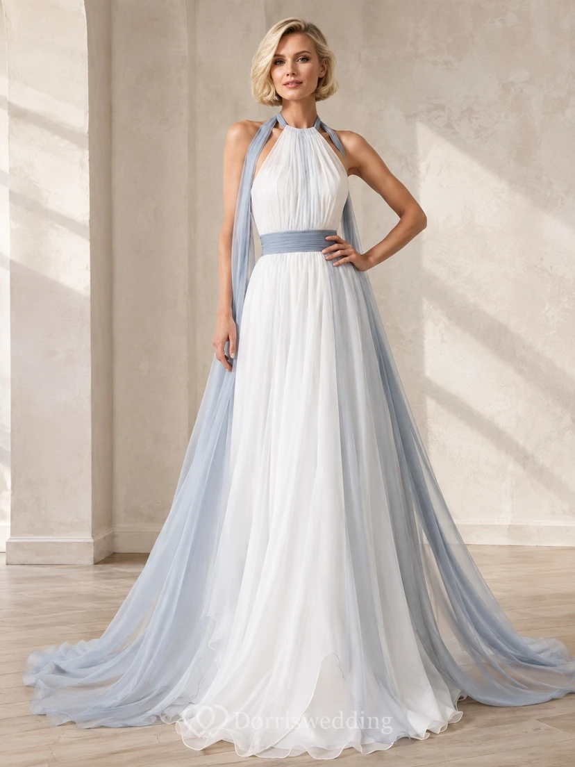 Staubblaues, ärmelloses Chiffon-Brautkleid im A-Linien-Stil mit Neckholder, bodenlang, modern-ländlich