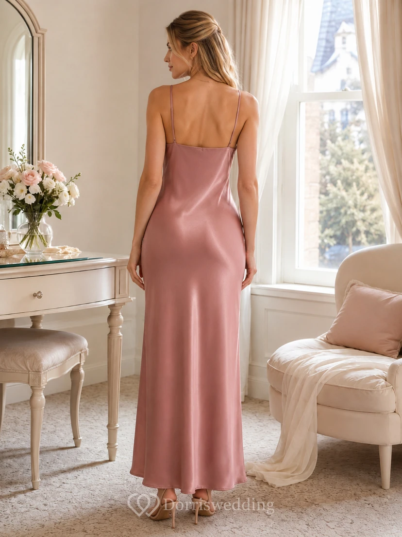 robe nuisette mauve à col bénitier et fines bretelles spaghetti en charmeuse, longueur cheville view 2
