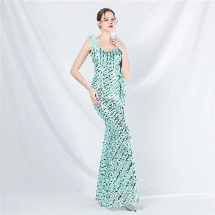 Evening Dress Craft Beaded Ostrich Feather Sequined Side Slit Evening Dress view 3