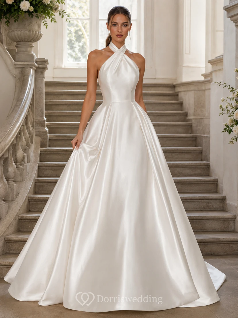 Robe de mariée moderne en satin, dos nu, sans manches, col croisé et traîne chapelle, coupe trapèze, sans manches.