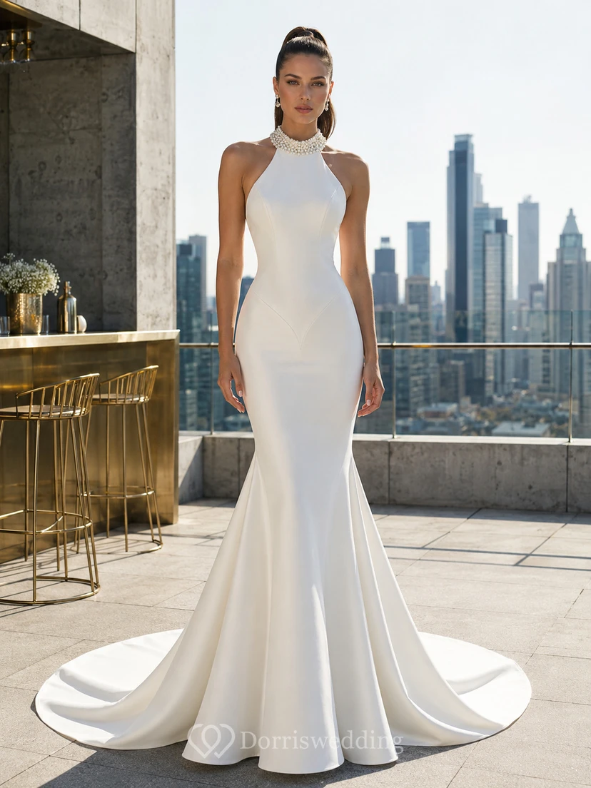 Vestido de novia minimalista de satén, estilo sirena, sin mangas, con escote halter y cola.
