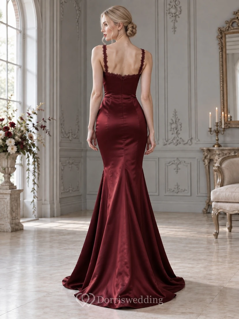 Meerjungfrauen-Gothic-Brautjungfernkleid aus burgunderrotem Satin mit quadratischer Spitzenborte, ärmellos und schmal geschnitten mit Schleppe view 2