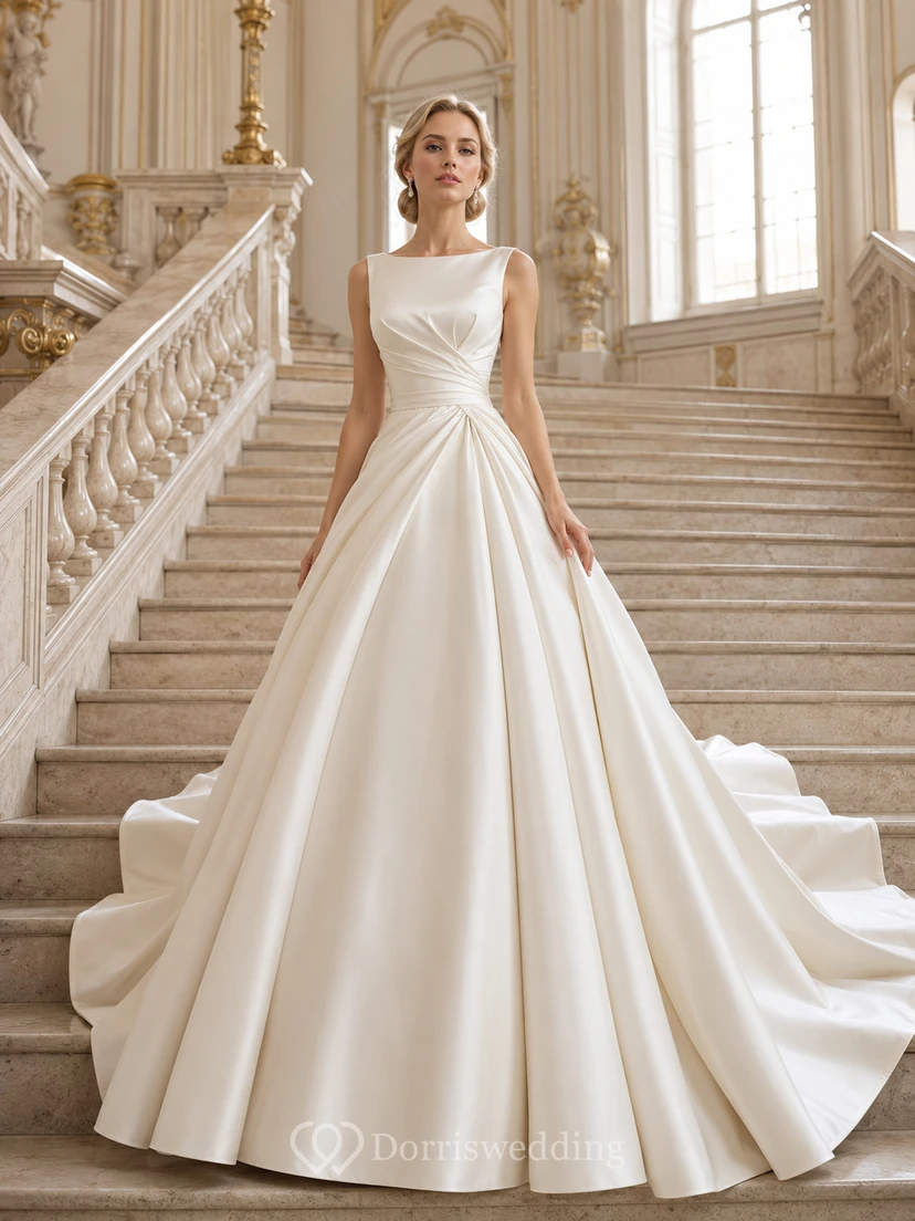 Robe de mariée minimaliste en satin, robe de bal, col bateau, sans manches, traîne chapelle