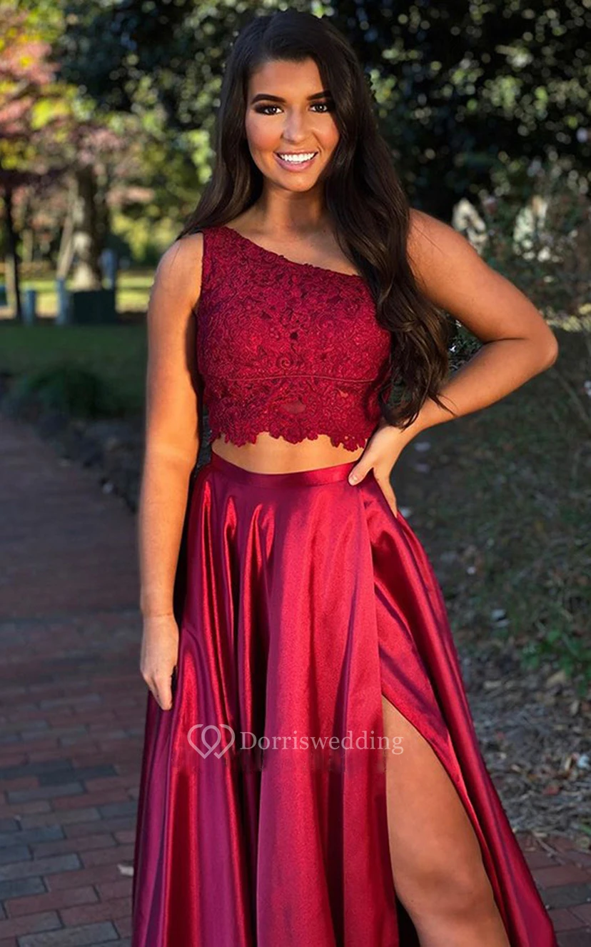 Lässiges, zweiteiliges, ärmelloses A-Linien-Abendkleid mit One-Shoulder-Ausschnitt und Schlitz vorne view 2