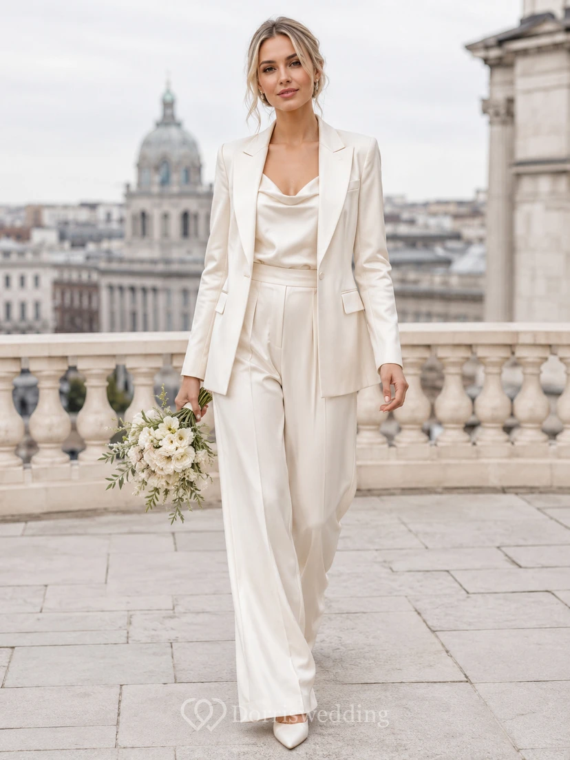 Eleganter Hosenanzug mit Wasserfallausschnitt, Blazer mit Reverskragen und weitem Bein für standesamtliche Trauungen