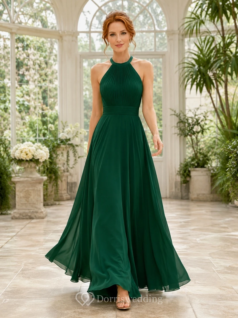 Emerald Halter Chiffon A-Line Floor-length Flowing Formal Evening Gown