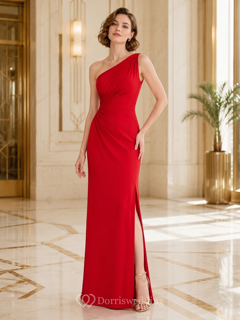 Red Sexy Modern One-Shoulder Sleeveless Satin Front-Slit Sheath Floor-Length Evening Dress