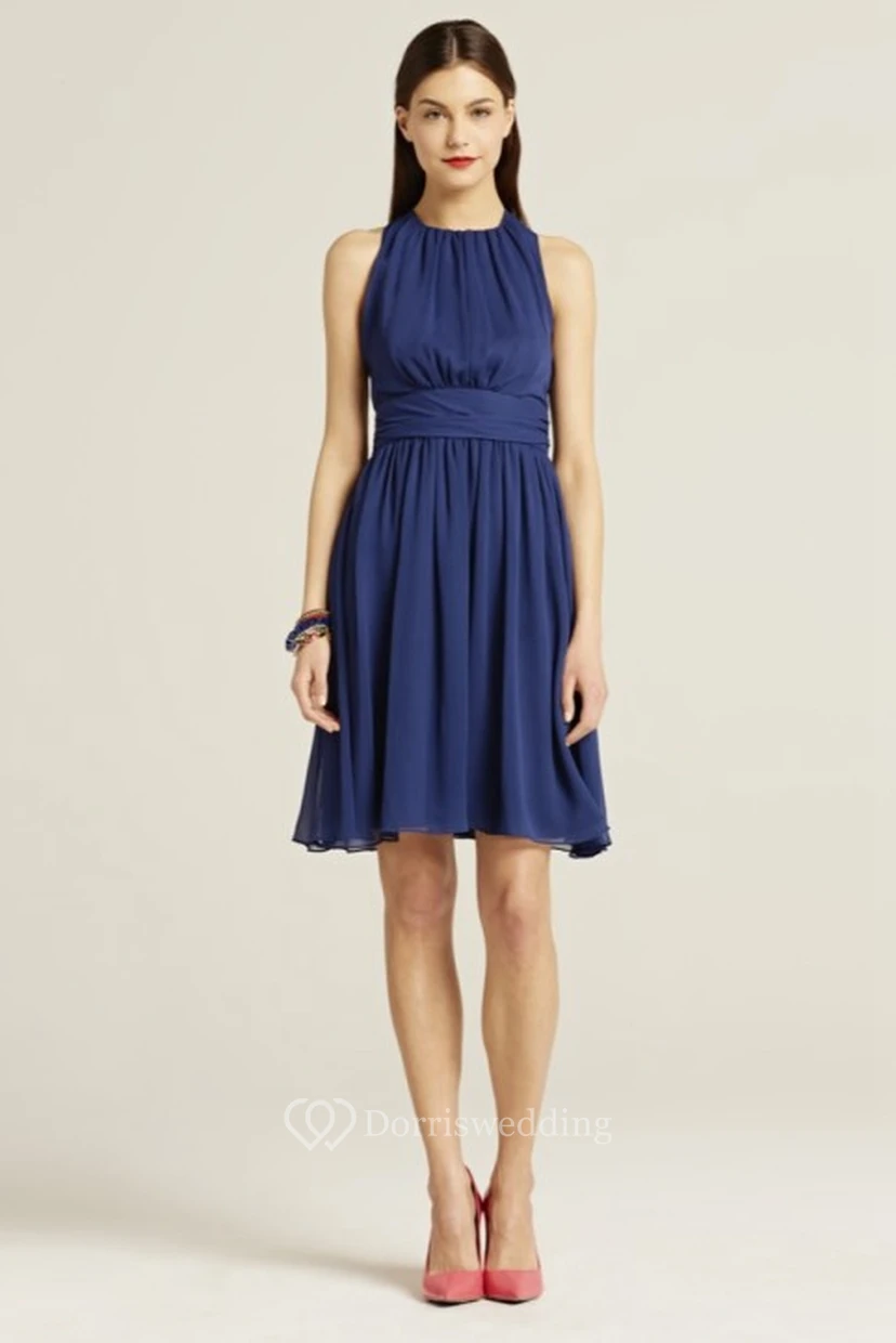 Mini High Neck Ruched Sleeveless Chiffon Bridesmaid Dress With Bow view 4