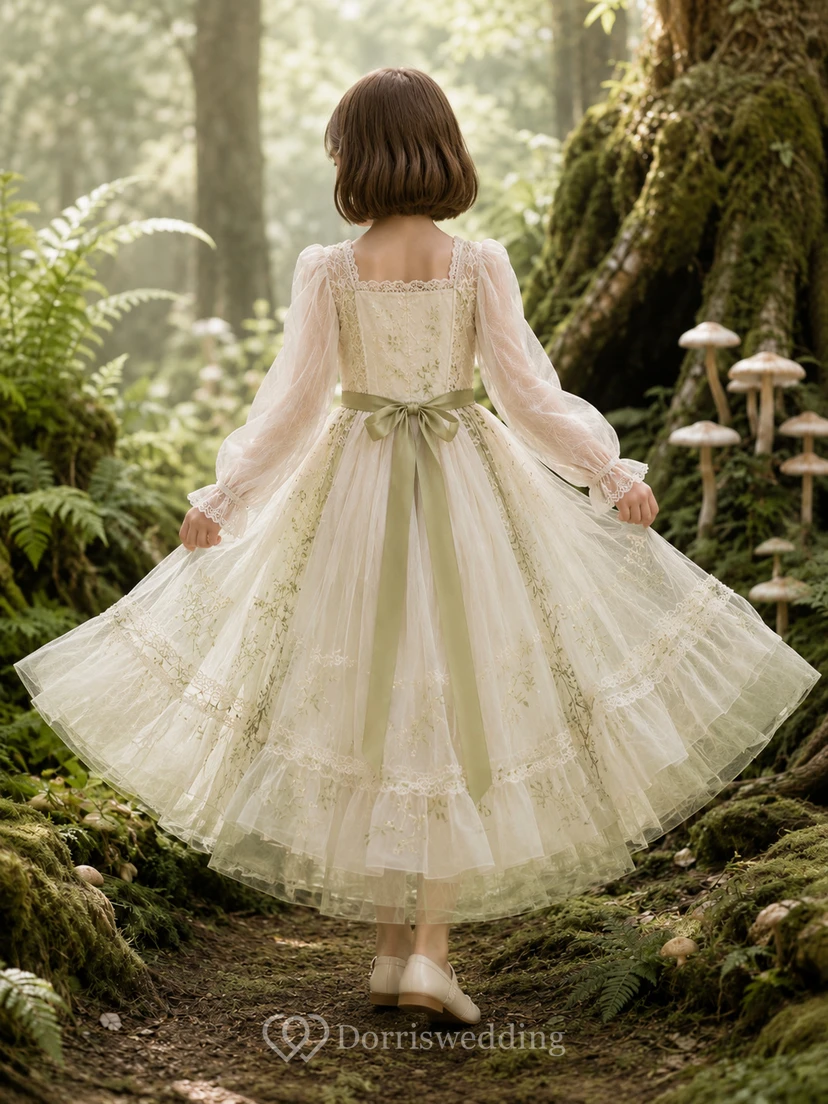 Blumenmädchenkleid aus salbeifarbenem Spitzentüll, A-Linie, lange Ärmel, Rundhalsausschnitt, Teelänge, Schärpendetail, Stufenrock view 2