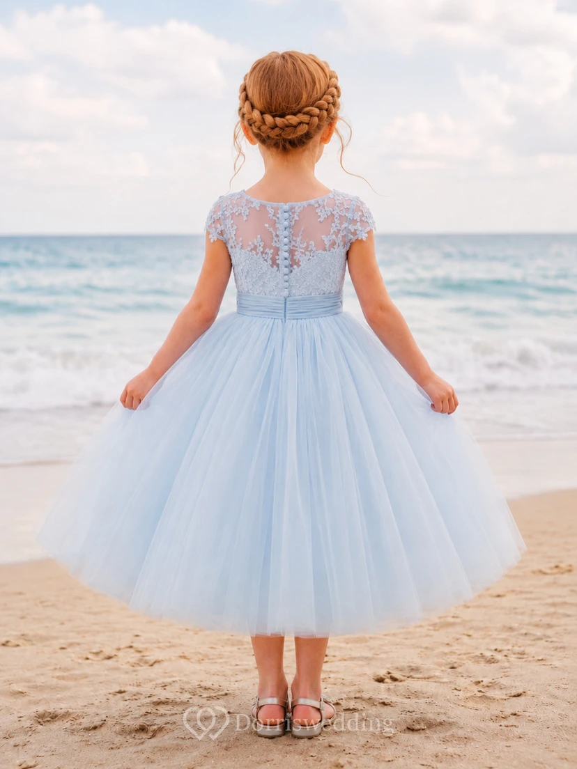 Blumenmädchenkleid, himmelblau, aus Spitze und Tüll, A-Linie, kurze Ärmel, Rundhalsausschnitt, wadenlang view 2
