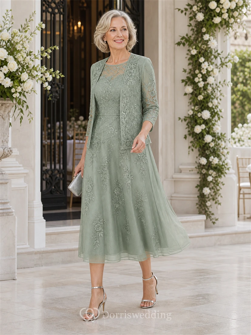 Sage Green Lace Applique Tea-Length Mother of the Bride Dress with Jacket view 5