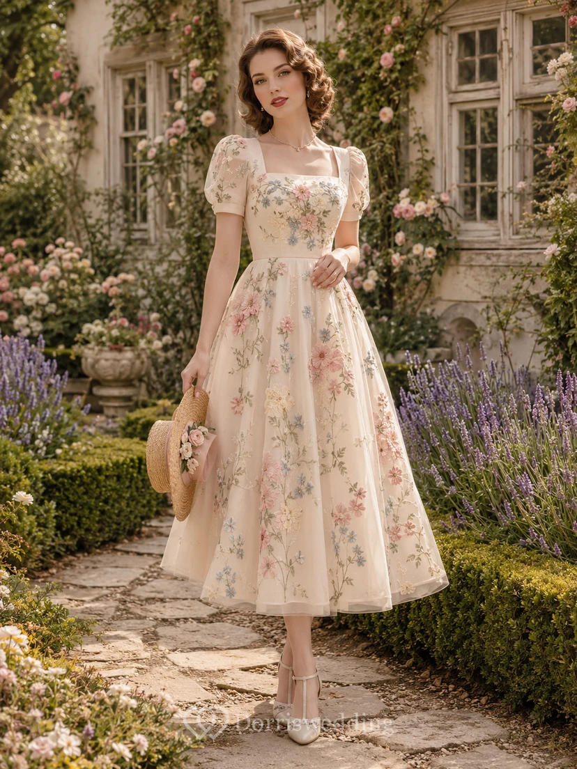 Pastellfarbenes Brautkleid mit Blumenmuster, eckigem Ausschnitt und Teelänge für den Garten