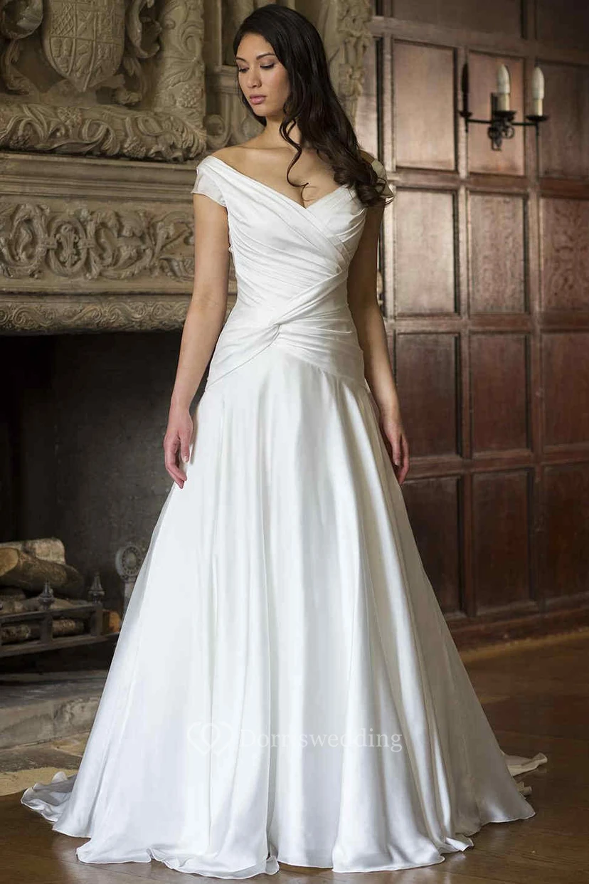 V-Neck Satin Chiffon Wedding Dress With Ruching