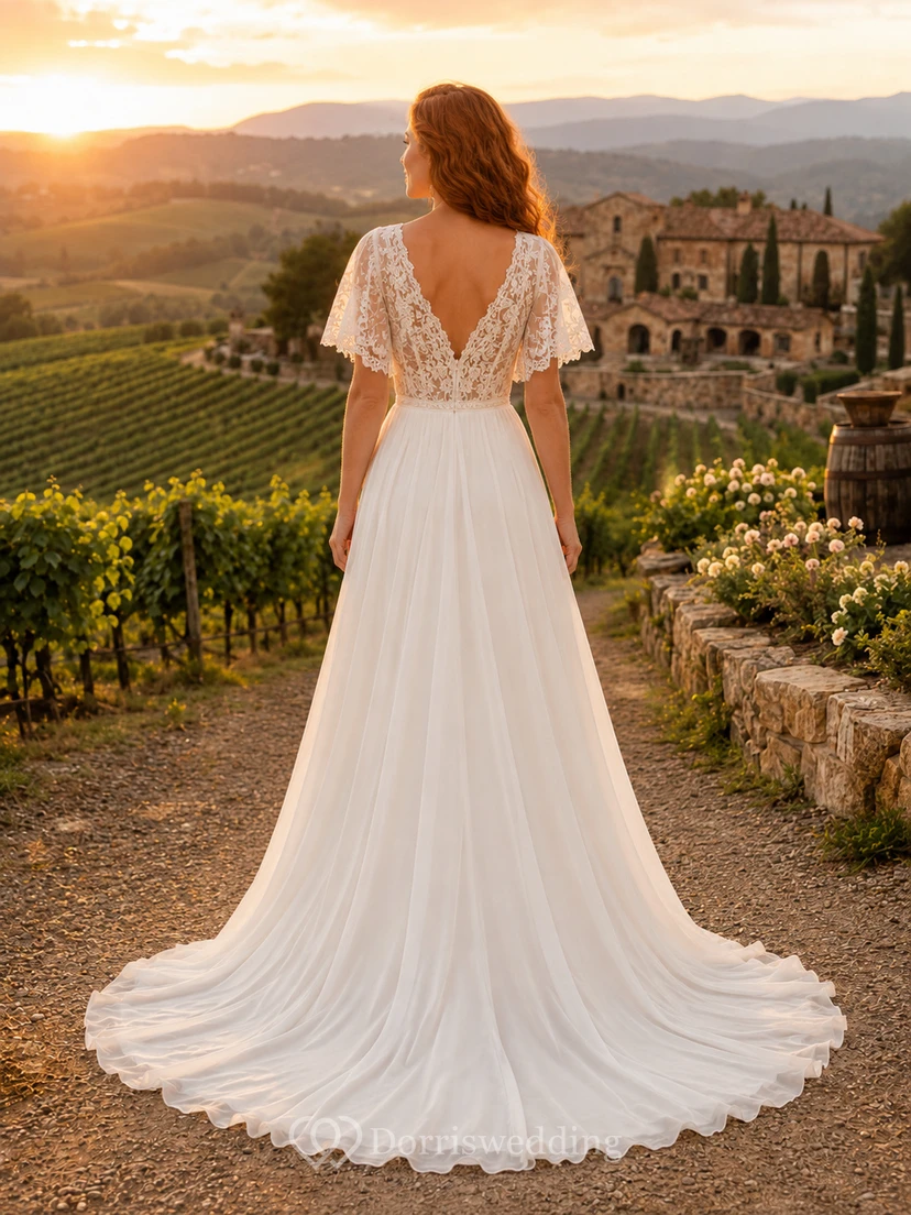 Vestido de novia campestre de gasa, corte A, escote corazón, mangas con volantes, largo hasta el suelo, espalda baja en V. view 2
