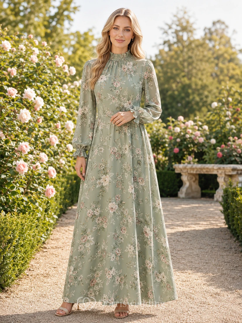 Salbeigrünes, geblümtes, langärmeliges, schlichtes Maxikleid für Gartenpartys
