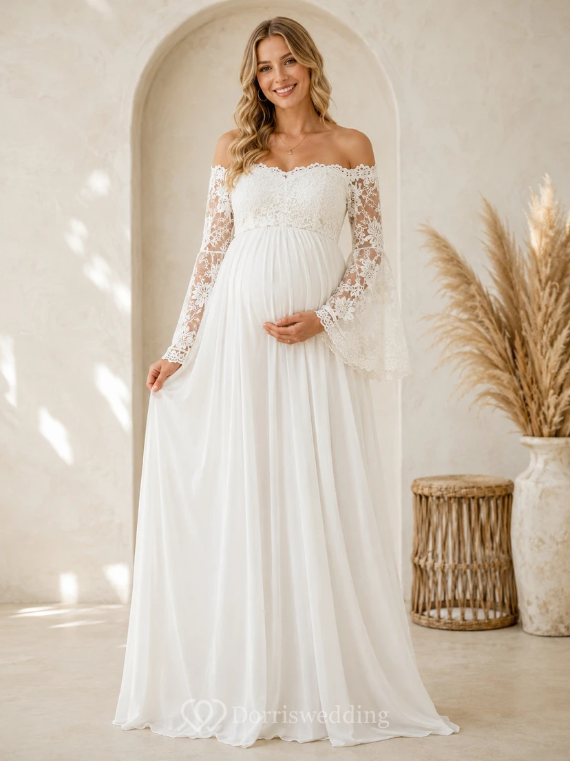 Weißes Umstands-Maxikleid im Boho-Stil mit schulterfreiem Ausschnitt, herzförmigen Spitzenärmeln und Glockenärmeln