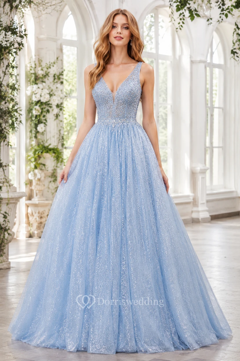 Sky Blue Glitter Tulle Ball Gown Prom Dress with V-Neck and Deep V Back