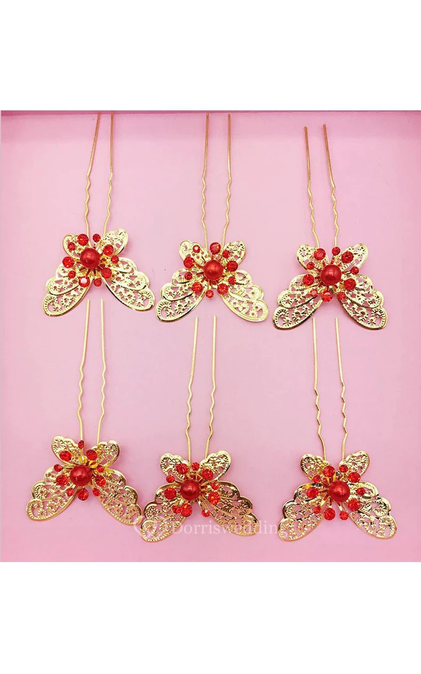 Braut-Kopfschmuck in Rot, Haarschmuck für chinesisches Cheongsam, Hochzeitsaccessoires, Tellerhaarnadel, U-förmige Haarspange view 15