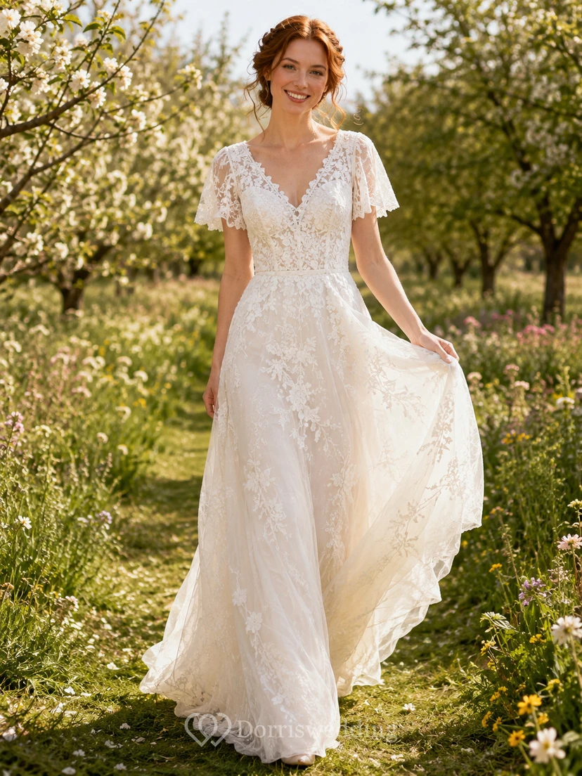 Flutter Sleeve Lace A Line Orchard Garden Bridal Gown